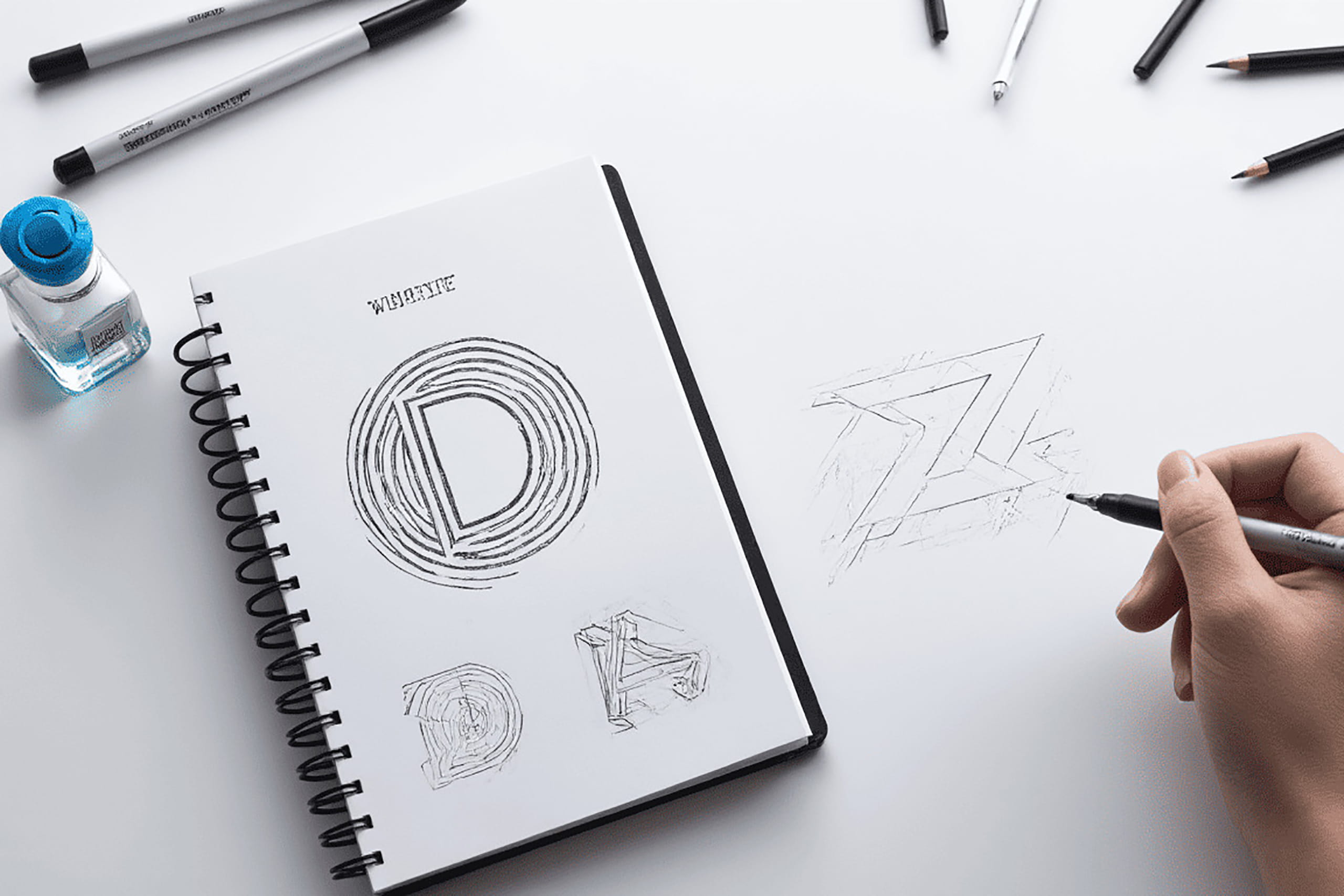 Boceto de diseño de logotipo dibujado a mano en cuaderno de espiral sobre mesa blanca