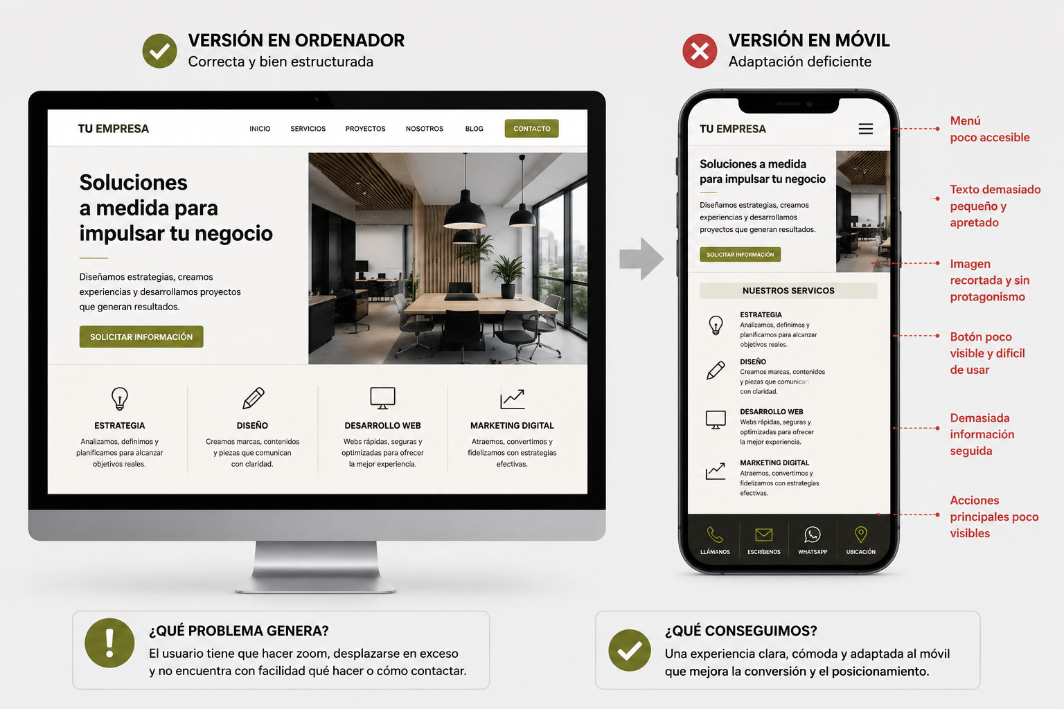 Ejemplo de página web con una mala adaptación a dispositivos móviles