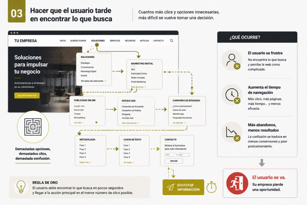 Ejemplo de página web con navegación confusa y demasiadas opciones para el usuario