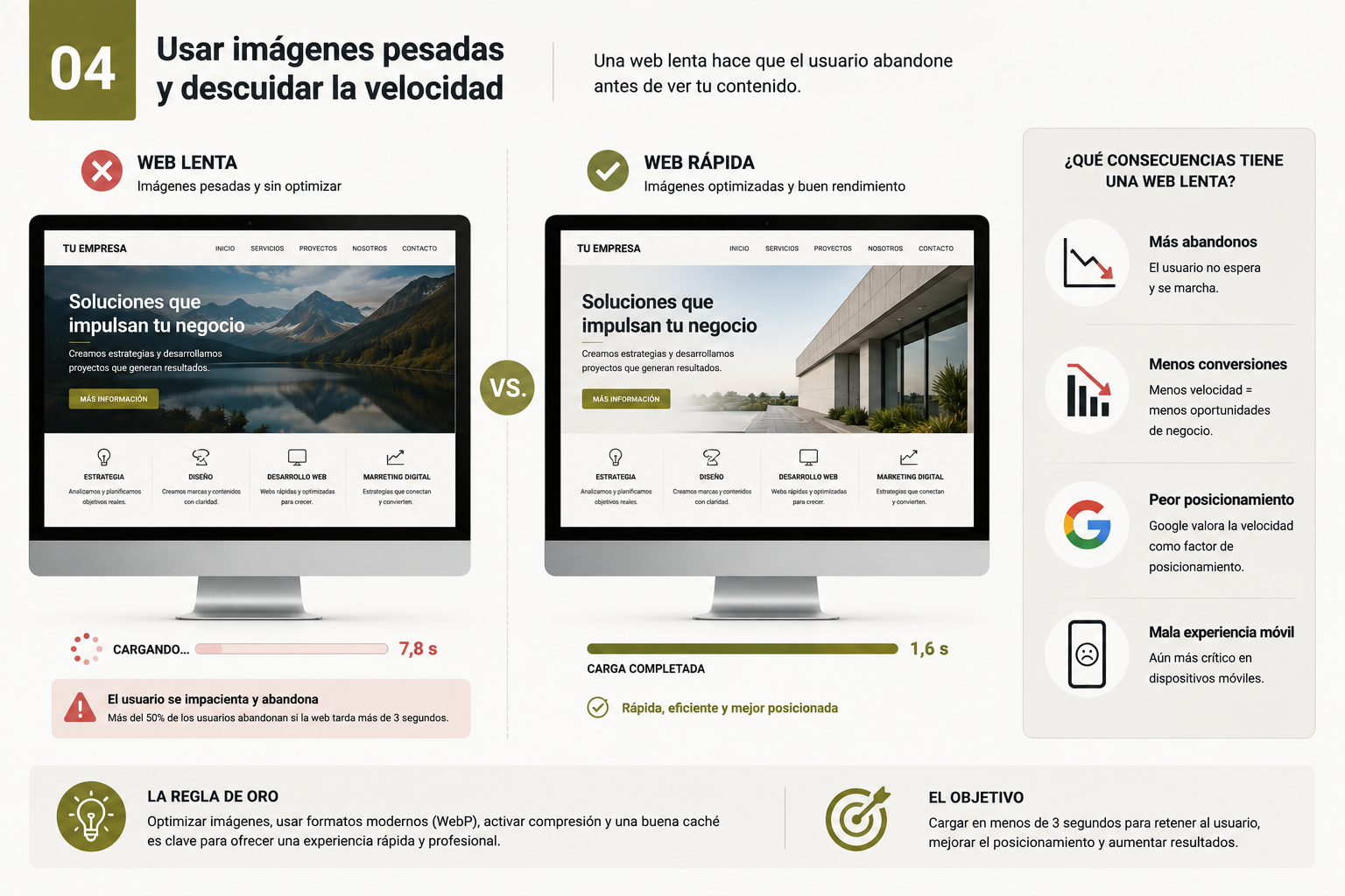 Comparativa de una página web lenta por imágenes pesadas y una web optimizada
